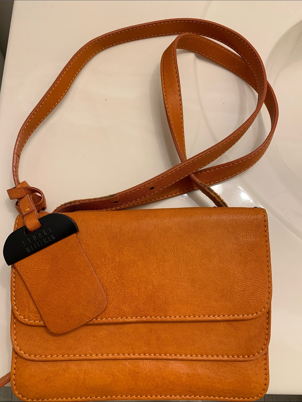 Stuart Weitzman Cognac Orange Leather Crossbody Bag